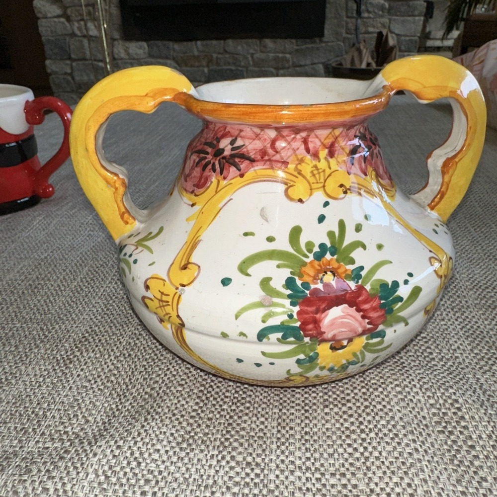 Vintage Italian Majolica Pottery Vase  Hand Painted Floral Deruta Vietri Style